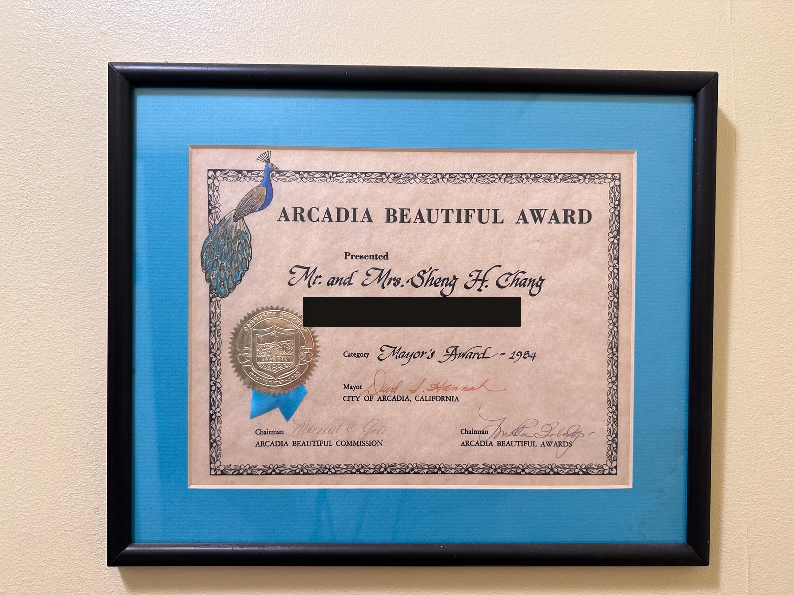 Arcadia Beautiful Award — the Mayor's Award, 1984