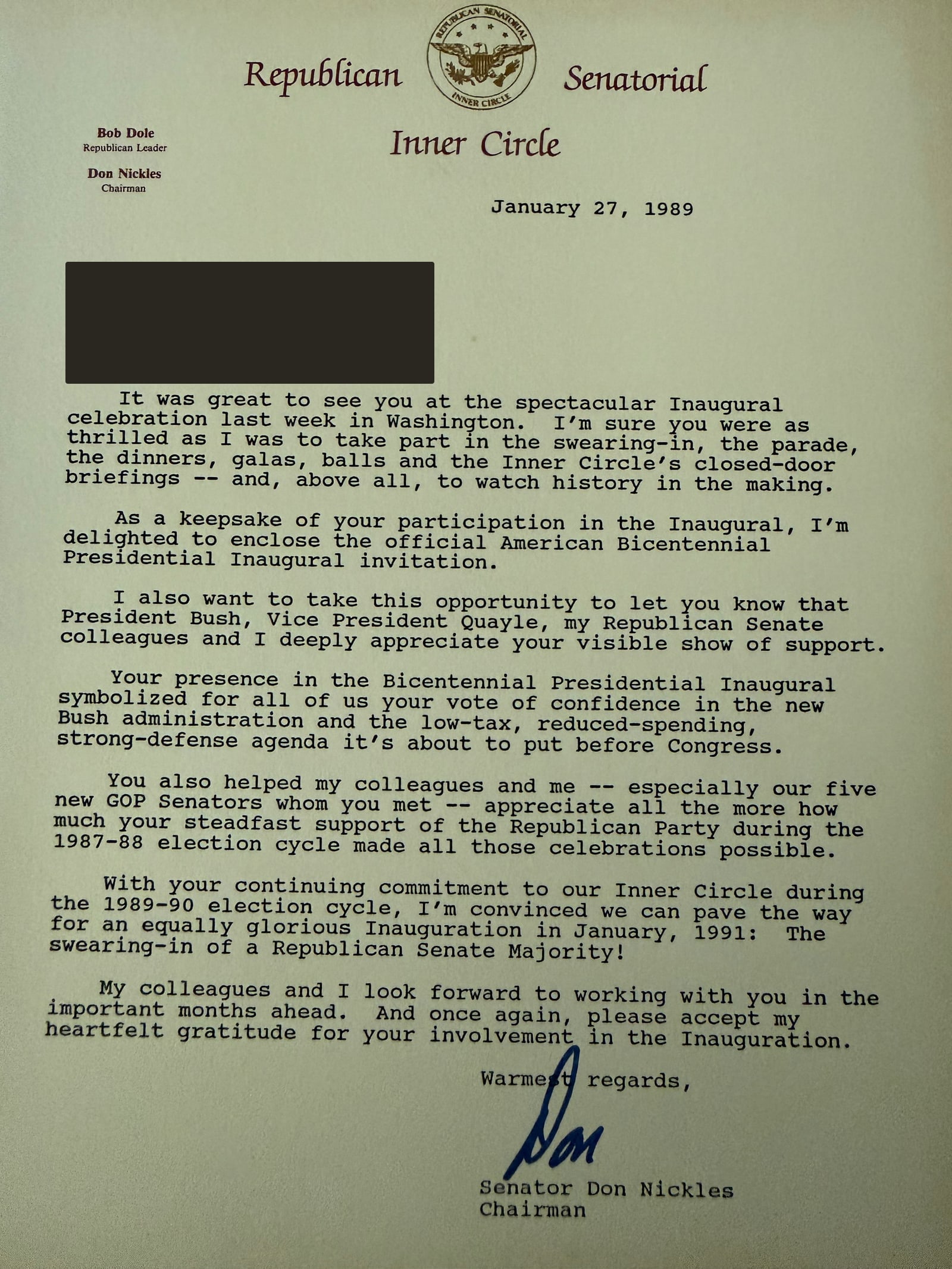 A letter from the Republican Senatorial Inner Circle, 1989