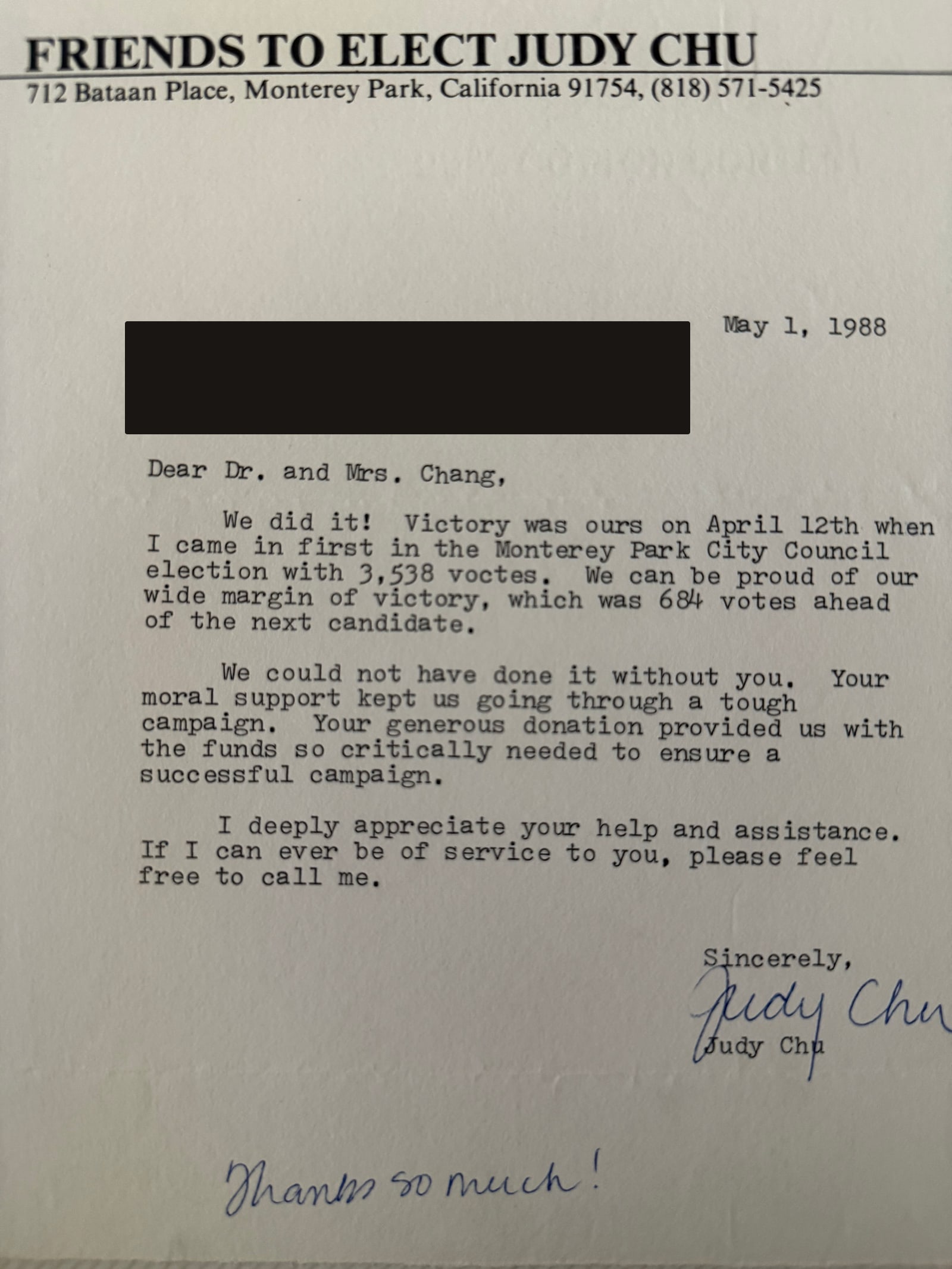 A thank-you letter from Judy Chu, 1988