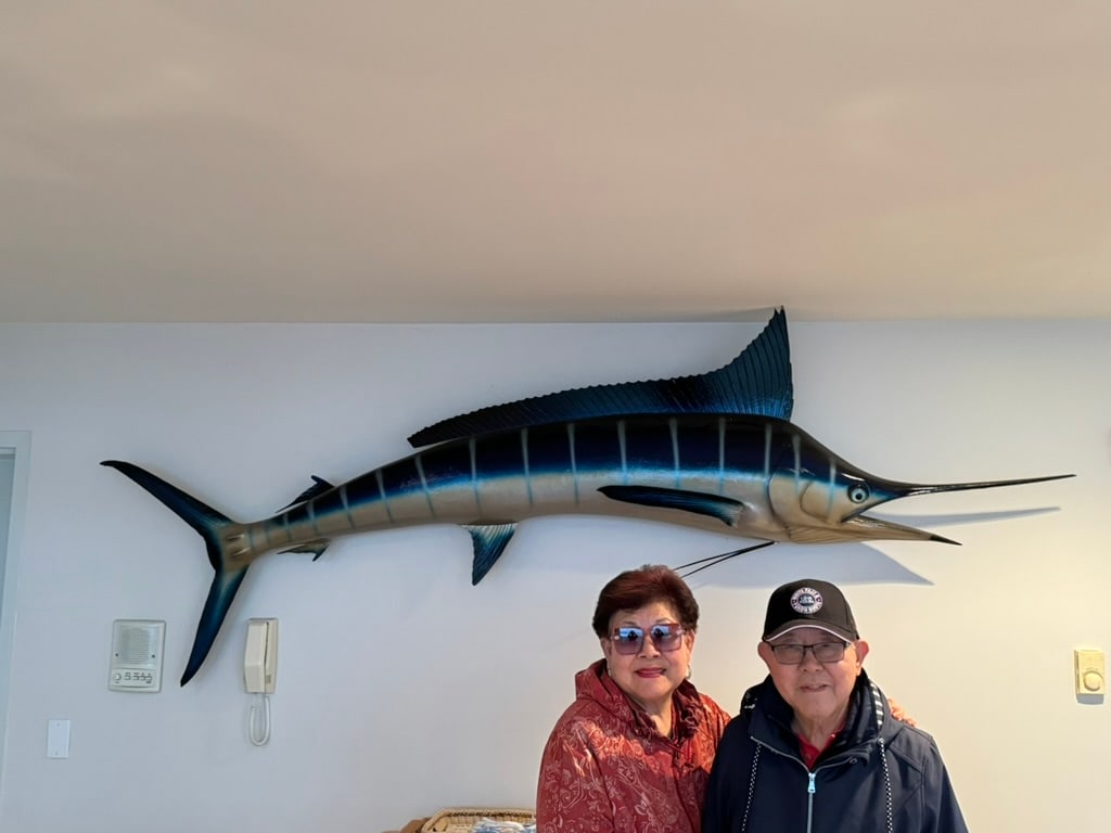 Beneath a mounted marlin