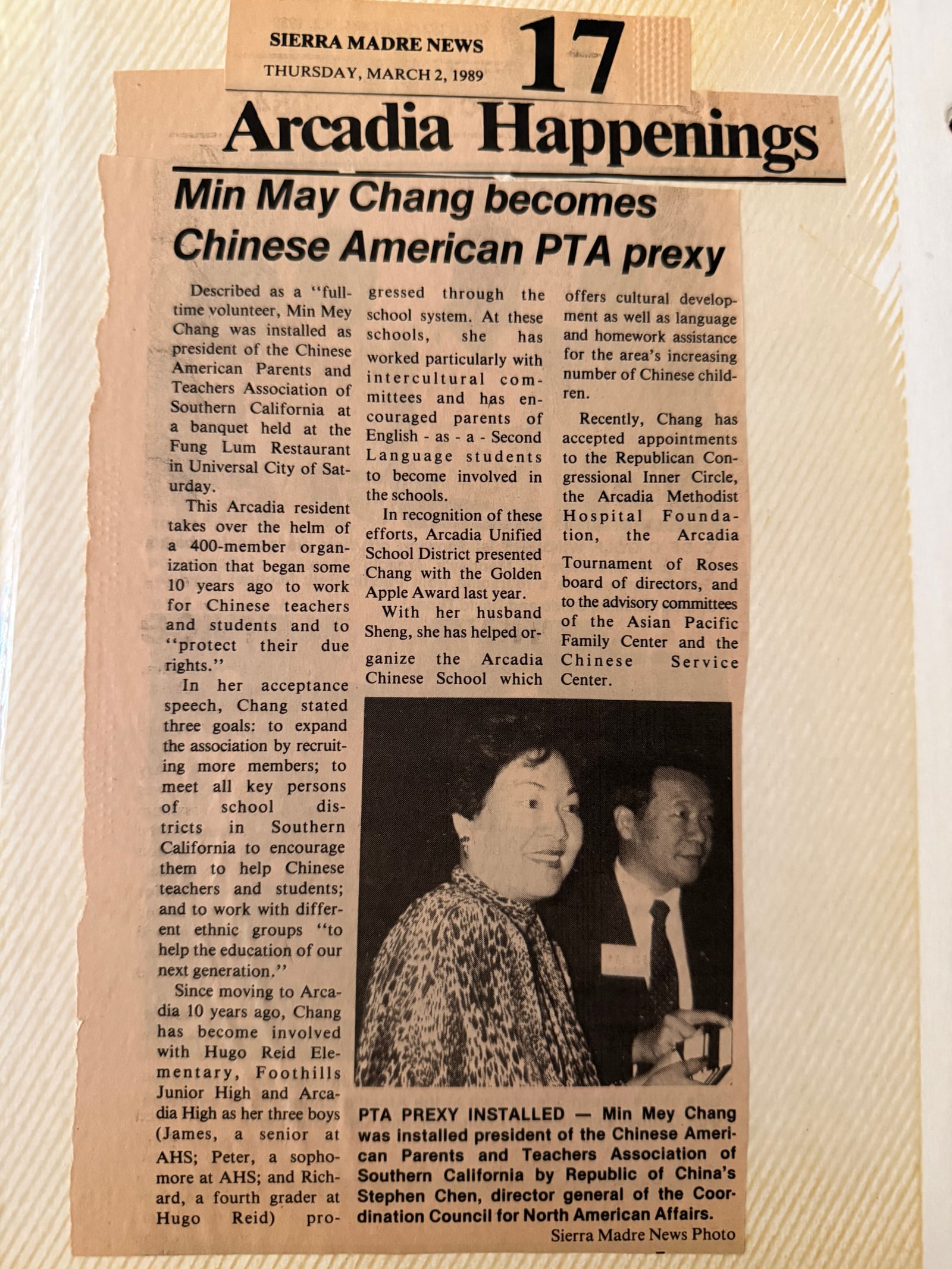 Installed as president of the Chinese American PTA, 1989