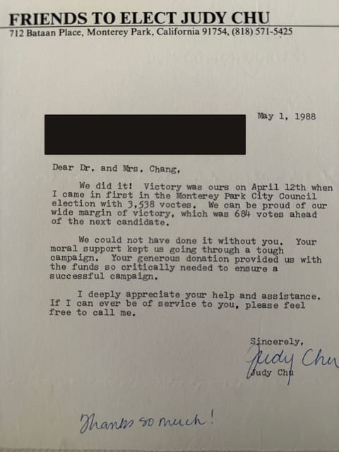 A thank-you letter from Judy Chu, 1988