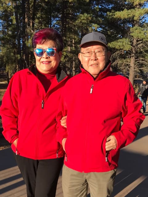 In matching red jackets